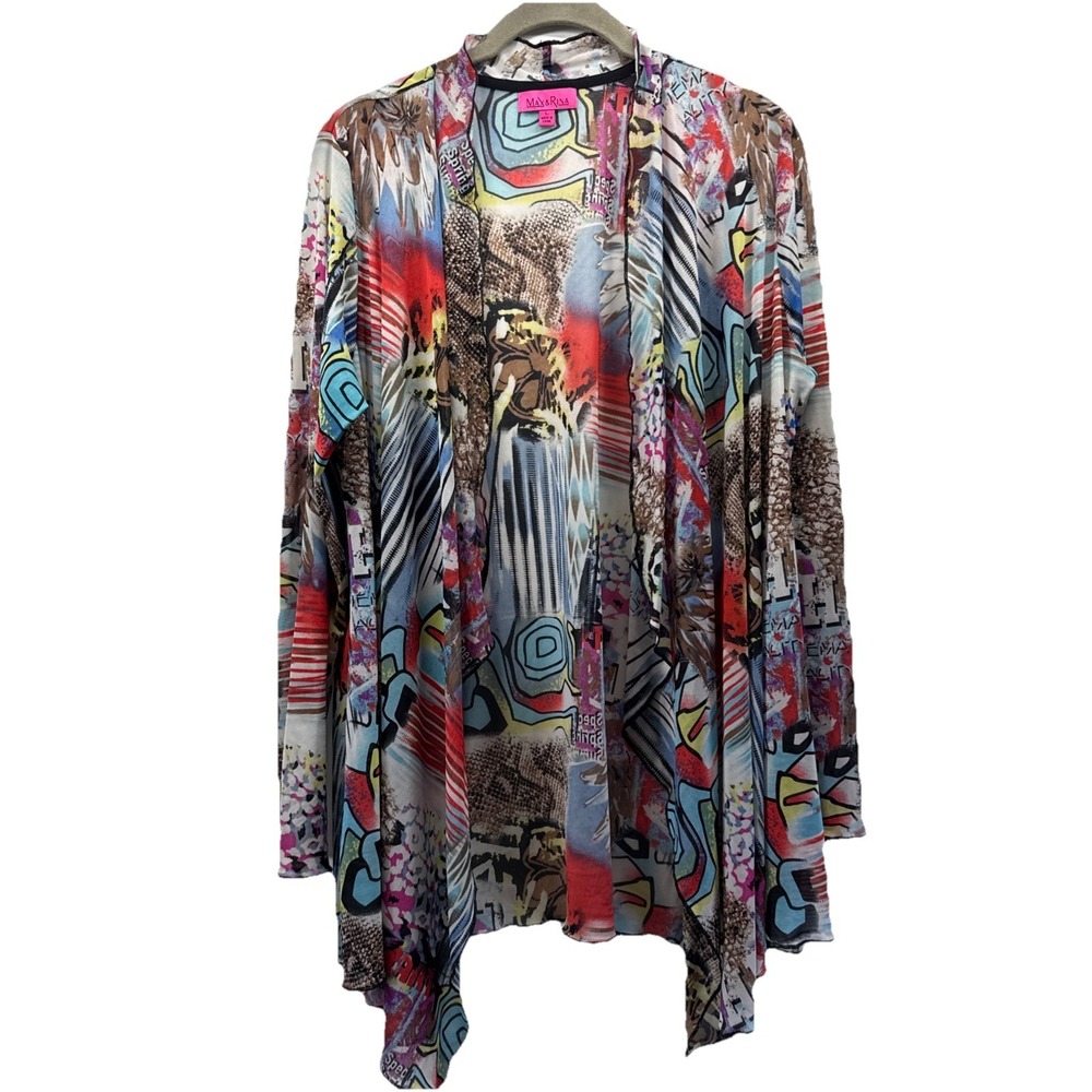 Max & Rina Women's Cardigan Size Large Artsy‎ Colorful Mesh Long Sleeve Stretch